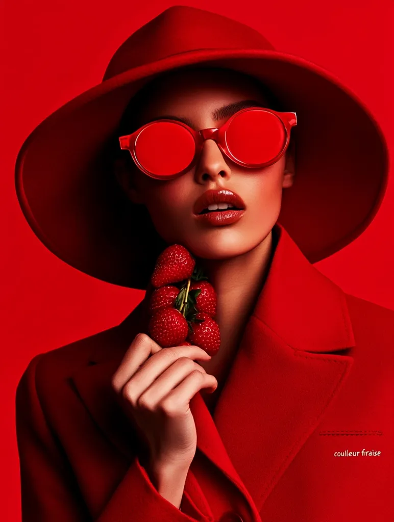 A woman in a vibrant red ensemble, including a wide-brimmed hat, coat, and round sunglasses, holds a cluster of fresh strawberries. The monochromatic red palette creates a striking visual impact, emphasizing the model's sophisticated style.  The image exudes a sense of boldness and chic elegance.  The word "couleur fraise," meaning "strawberry color" in French, is subtly placed at the bottom.