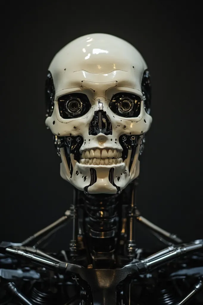 Close-up view of a robotic skull, meticulously detailed with visible mechanical components within the bone structure.  The skull is off-white, contrasting sharply with the dark, metallic body.  The robot's expression is neutral, its mechanical eyes adding to the futuristic and somewhat unsettling aesthetic. The image is stark and dramatic, highlighting the intricate design of the artificial cranium and its connection to the robotic frame.