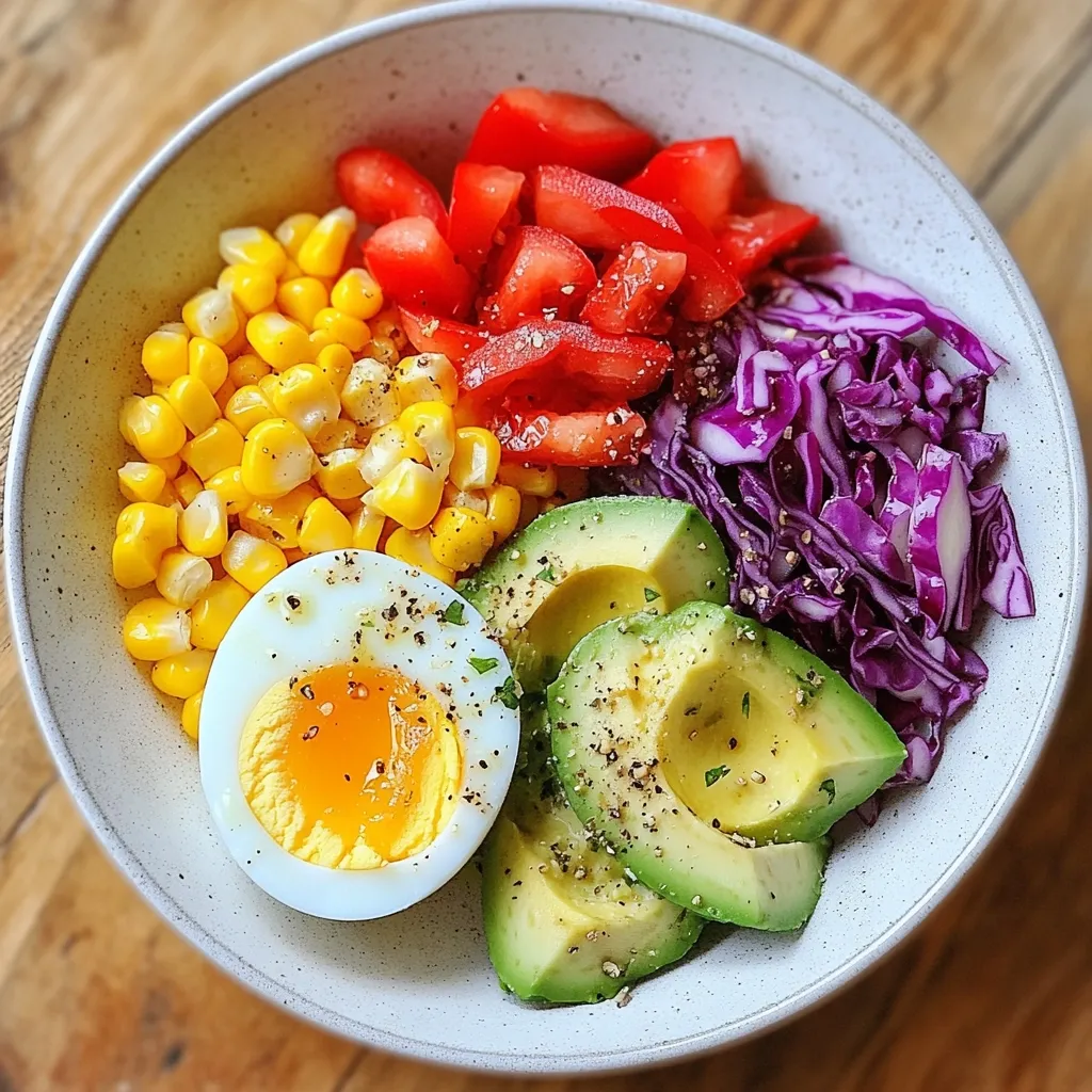A vibrant and healthy bowl features halved avocado slices, a soft-boiled egg, sweet corn kernels, diced red tomatoes, and shredded red cabbage.  The ingredients are artfully arranged in a speckled white bowl, creating a colorful and appetizing meal.  A sprinkle of seasoning adds a final touch to this nutritious and visually appealing dish.