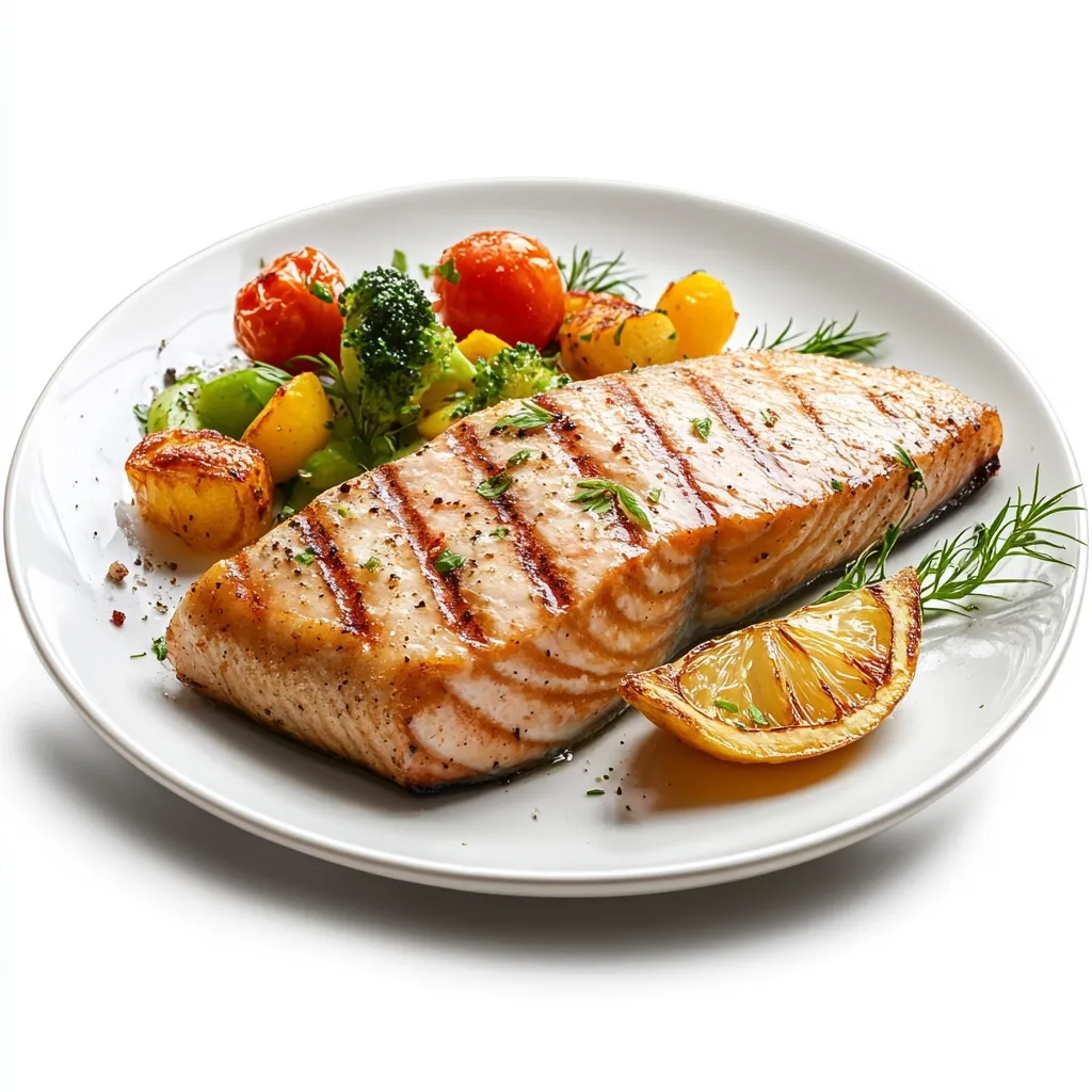 A perfectly grilled salmon fillet is the star of this dish, its grill marks gleaming.  It's served on a white plate alongside a medley of roasted vegetables including broccoli florets, cherry tomatoes, and potato wedges. A lemon slice adds a touch of brightness, completing this healthy and appetizing meal.