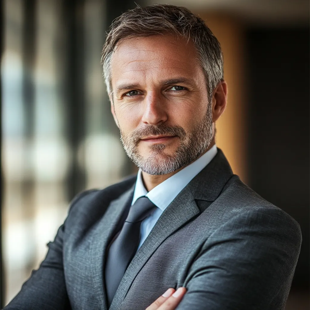 A confident middle-aged man with salt and pepper hair is the focus of a close-up portrait.  He wears a dark gray suit and a crisp white shirt, his arms crossed in a pose suggesting authority and self-assurance.  His expression is serious and composed, conveying professionalism and experience. The background is blurred, drawing attention to the subject.