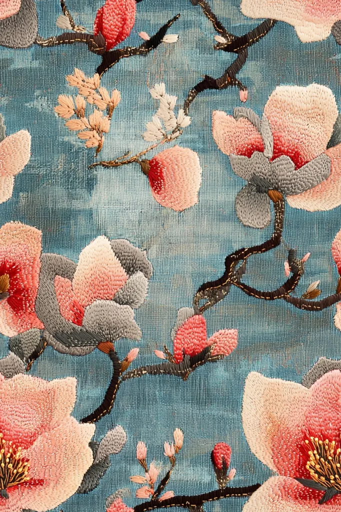 Intricate embroidery on a teal fabric features a repeating pattern of pink and gray magnolia blossoms.  The flowers are meticulously stitched with varying shades, creating depth and texture.  Delicate, embroidered branches connect the blooms, adding to the overall elegance of the design.  The background fabric has a subtle woven texture visible beneath the embroidery.