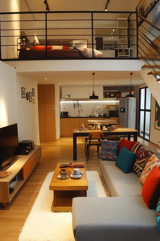 A modern loft apartment features a mezzanine bedroom with a metal railing overlooking an open-plan living area.  The main floor includes a kitchen with light wood cabinets, a dining table, and a comfortable L-shaped sofa with colorful throw pillows.  A large white rug anchors the living space, which is warmed by light wood flooring. The overall style is minimalist with a touch of bohemian flair.