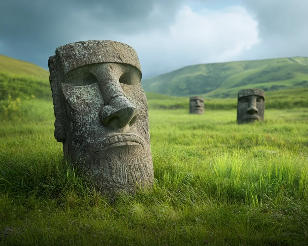 A weathered moai statue dominates the foreground, partially submerged in vibrant green grass.  Two more moai are visible in the mid-ground, set against a backdrop of rolling hills under a partly cloudy sky. The scene evokes a sense of mystery and ancient history, characteristic of Easter Island. The lush grass provides a stark contrast to the stony faces of the statues.