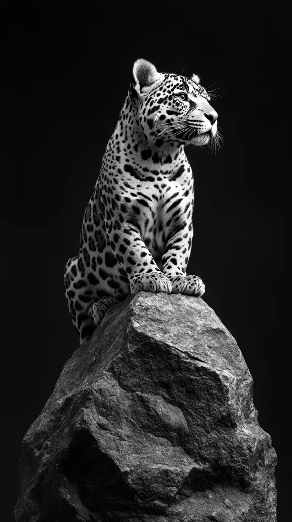 A striking black and white photograph captures a young jaguar perched atop a large, rough-hewn rock.  The jaguar, sharply focused, is seated and gazes towards the right of the frame, its spotted coat contrasting vividly against the dark background.  The image's stark contrast and dramatic lighting create a powerful and elegant portrayal of the wild cat.