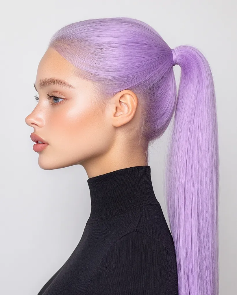 A woman with long, vibrant lavender hair styled in a high ponytail is shown in profile. Her makeup is minimal, highlighting her natural features. She wears a simple black turtleneck sweater. The background is plain and light, focusing attention on the model's hair and complexion. The overall aesthetic is clean and modern.