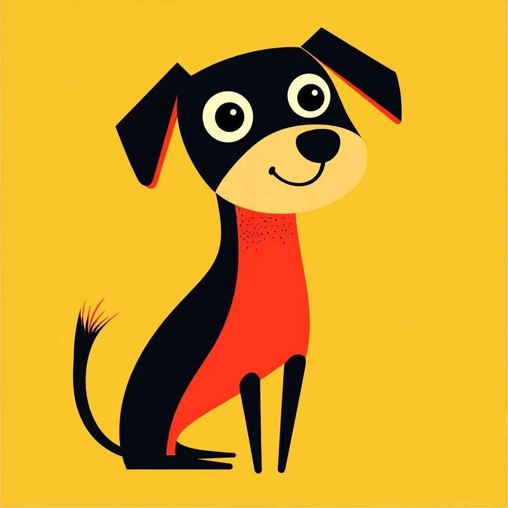 A stylized cartoon dog sits against a yellow background.  The dog is predominantly black with a vibrant red chest and small tail. It has large, expressive eyes and a cheerful smile. The simplistic design and bold colors create a playful and appealing image. The dog's posture suggests friendliness and happiness.