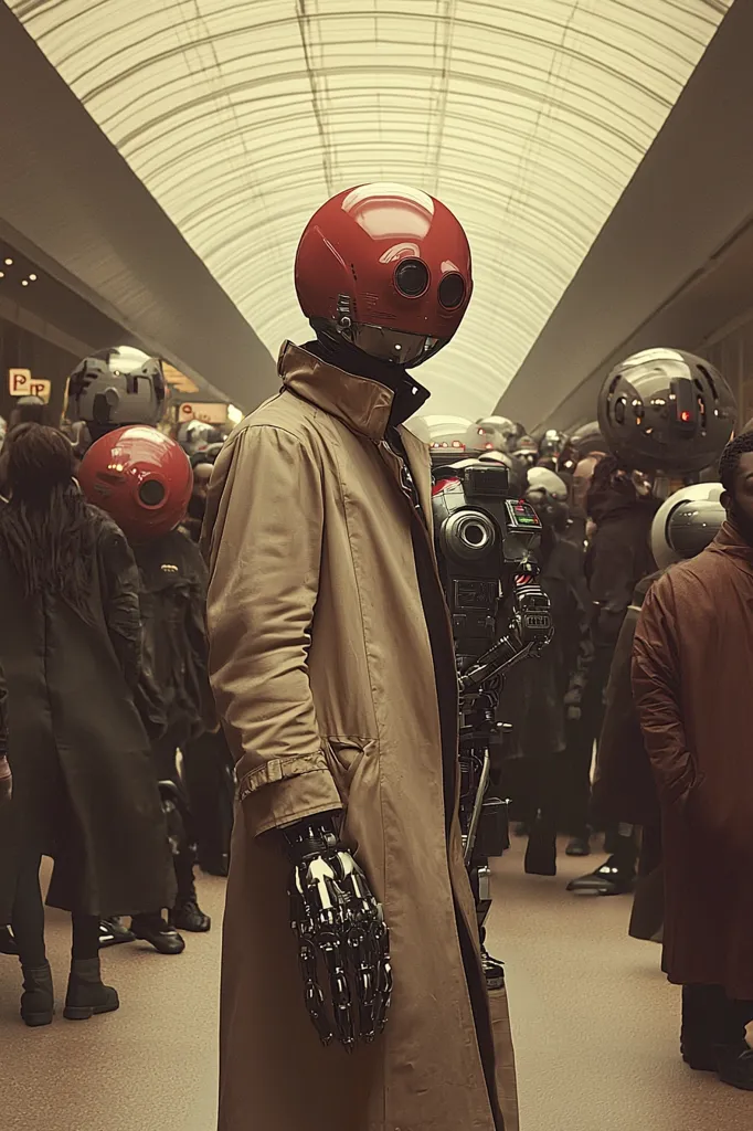 A robot wearing a tan trench coat and a red helmet stands in a futuristic hallway, surrounded by other robots and people.  The robot's metallic hand is visible, contrasting with the fabric of its coat. The atmosphere is calm yet slightly unsettling, suggesting a blend of human and robotic coexistence in a technologically advanced setting.  The architecture is modern and minimalist, reinforcing the futuristic feel.