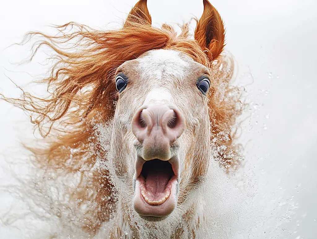 A palomino horse with a long, flowing mane shakes its head, spraying water everywhere.  Its mouth is open in a surprised expression, its large, expressive eyes wide. The image is sharply focused on the horse's face, with a blurred background.  The horse's coat is predominantly white with reddish-brown highlights, creating a striking contrast.  The overall feeling is one of vibrant energy and playful movement.