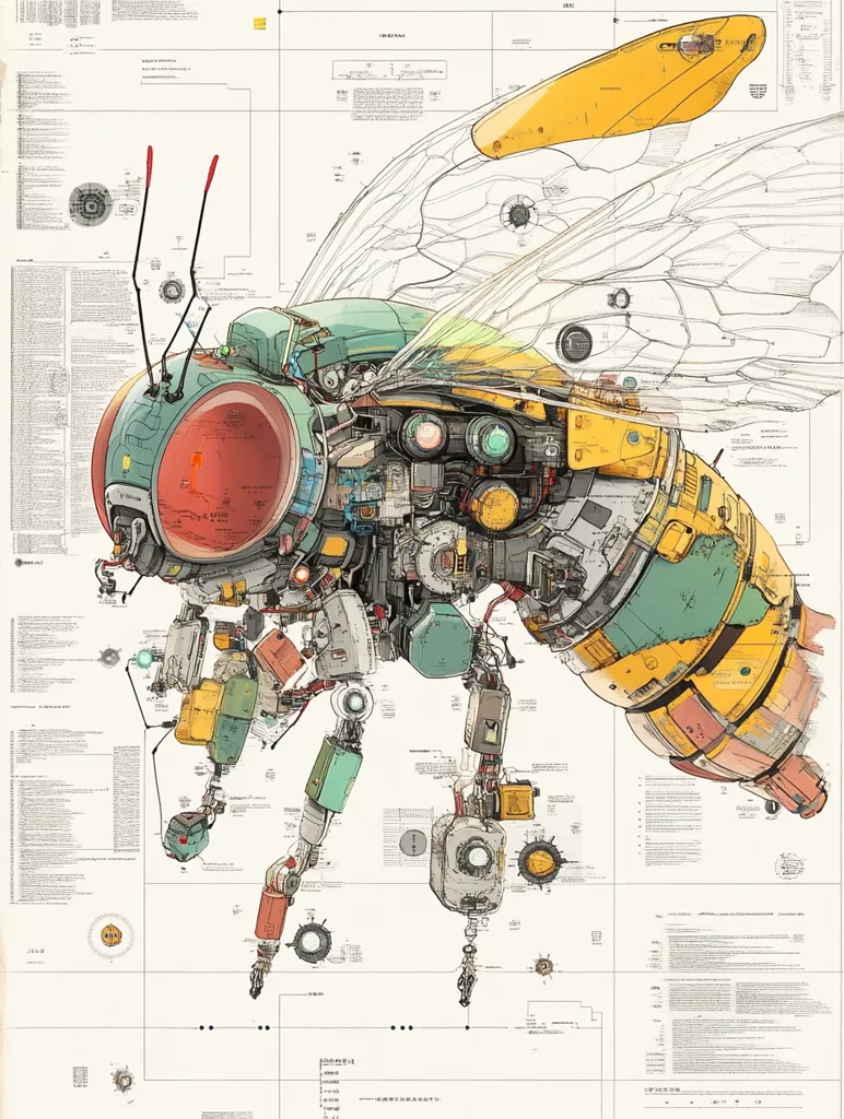 A detailed technical drawing depicts a biomechanical insect, possibly a bee, meticulously rendered with intricate gears, wires, and colorful components.  The design overlays a blueprint-style background, enhancing the technical illustration aspect.  The insect's body is segmented, revealing internal mechanisms, with large, expressive eyes.  The wings are delicate yet robust, suggesting a complex engineering feat. The overall aesthetic is a blend of science fiction and intricate clockwork.