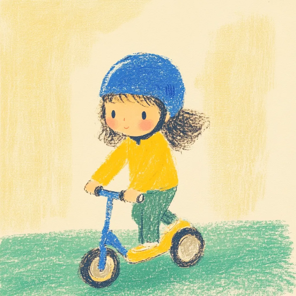 A cheerful young girl with dark hair wears a blue helmet while riding a blue scooter. She's dressed in a yellow long-sleeve shirt and green pants.  The illustration is done in a pastel crayon style, with a soft, textured background suggesting a sunny outdoor scene.  The girl's expression is joyful and peaceful as she enjoys her ride.