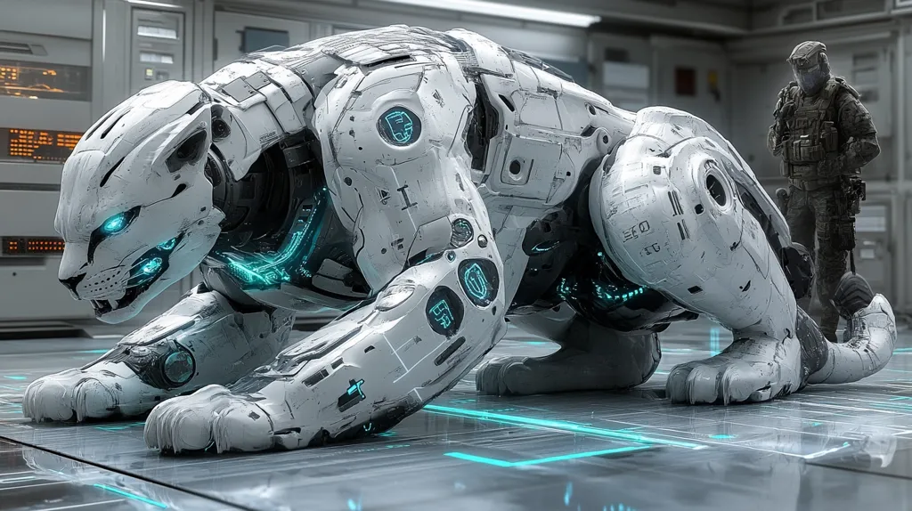 A futuristic, white robotic panther crouches on a sleek, metallic floor.  Its design is intricate, with glowing teal accents highlighting its joints and technological features.  A soldier in tactical gear stands in the background, observing the impressive machine within a sterile, high-tech environment. The scene suggests a blend of advanced robotics and military technology.