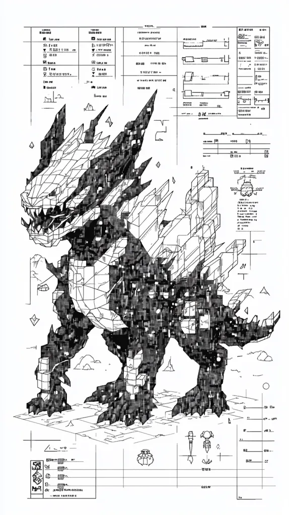 A monochrome blueprint depicts a fantastical creature, rendered in a low-poly style.  Its form is composed of numerous interconnected blocks, creating a textured, almost pixelated appearance.  Surrounding the main illustration are technical specifications and diagrams, enhancing the blueprint aesthetic.  The style suggests a blend of technical design and artistic creativity, possibly a concept sketch for a video game or animation.