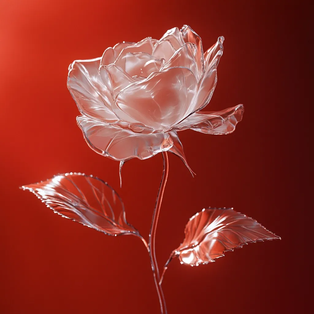 A translucent glass rose, meticulously crafted, stands against a deep red backdrop.  Its delicate petals and leaves are rendered with stunning detail, showcasing the artistry of the glasswork.  The light filters through the glass, creating a luminous and ethereal effect. The image evokes a sense of fragility and beauty.