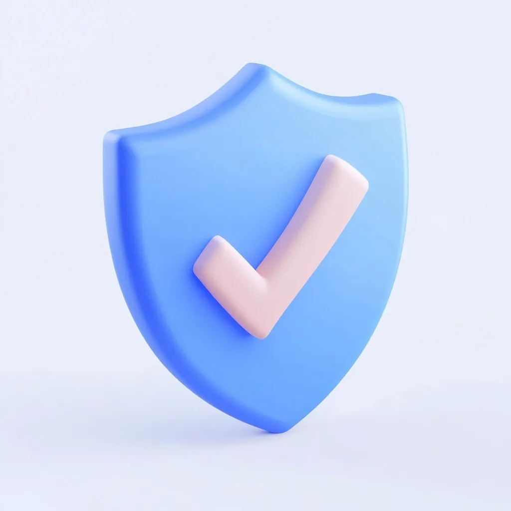 A 3D rendered image shows a light blue shield icon with a peach-colored checkmark in the center.  The shield is slightly curved and has a smooth, glossy texture. The checkmark symbolizes security, approval, or successful completion, all within the context of protection offered by the shield. The image is set against a plain white background, emphasizing the icon.