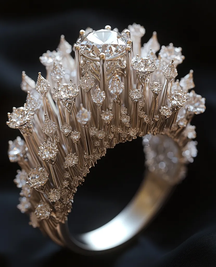A stunning silver ring is adorned with numerous dazzling diamonds.  A large central diamond is the focal point, surrounded by smaller diamonds set on delicate, spiky prongs that create a dramatic, almost coral-like effect. The ring's design is intricate and modern, showcasing exceptional craftsmanship and luxurious sparkle against a dark backdrop.