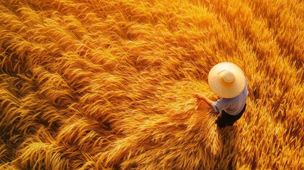 An aerial view captures a farmer, wearing a wide-brimmed straw hat, standing amidst a golden wheat field. The farmer's hands gently touch the ripe, swaying stalks. The scene is bathed in warm, golden sunlight, highlighting the abundance of the harvest.  The image evokes feelings of rural life, hard work, and the beauty of nature's bounty.