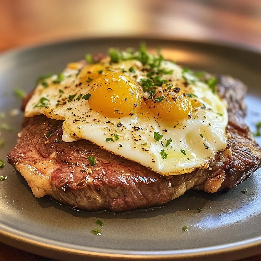 A perfectly seared steak is topped with a fried egg featuring three sunny-side-up yolks.  The egg white is delicately cooked, and the dish is seasoned with freshly cracked black pepper and finely chopped parsley.  The steak and egg rest on a slate-gray plate, suggesting a simple yet elegant meal.