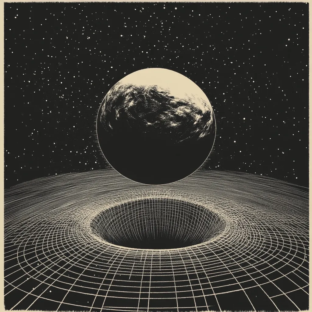 A stylized illustration depicts a planet hovering above a black hole.  The black hole is rendered with a gridded, warped spacetime effect against a backdrop of stars. The artwork uses a monochromatic palette with a textured, vintage aesthetic, resembling a scientific print or etching. The planet appears to be in the process of being drawn into the black hole's immense gravitational pull.