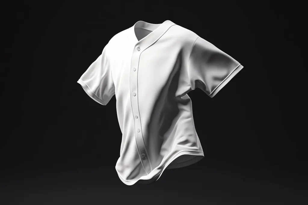 A clean, white baseball jersey is showcased against a stark black background.  The fabric drapes softly, highlighting its texture. The shirt is unadorned, offering a blank canvas for customization.  The simple, elegant presentation emphasizes the quality and design of the garment. The image is clearly a product shot, suitable for online retail or marketing materials.