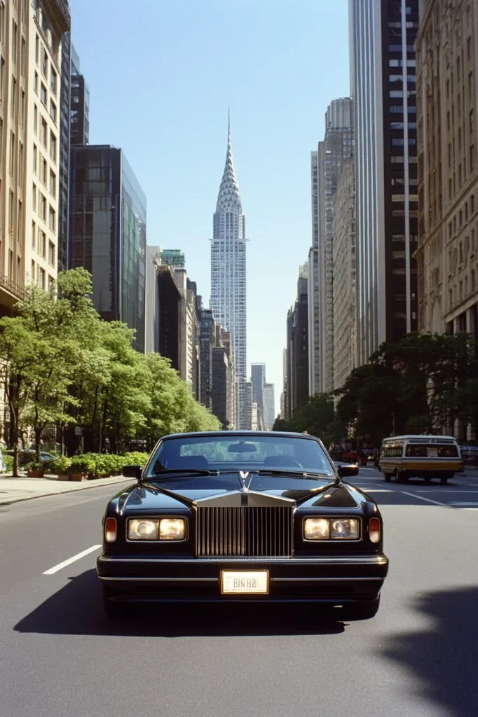 A black Rolls Royce Silver Spur is parked in the middle of a New York City street.  The Chrysler Building is visible in the distance, framed by tall skyscrapers on either side.  Trees line the street, adding greenery to the urban landscape. The scene evokes a sense of luxury and sophistication. The car's reflection adds depth to the image.