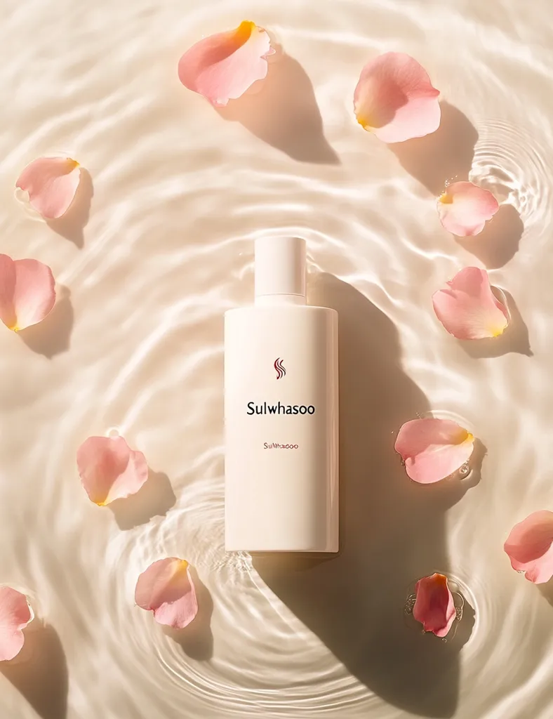 A Sulwhasoo hair product bottle sits in the center of a calm, shallow pool of water.  Delicate pink rose petals float on the water's surface, creating a serene and luxurious aesthetic. The bottle is white with minimal branding, emphasizing a clean and elegant design. Sunlight reflects softly on the water, enhancing the overall peaceful ambiance.