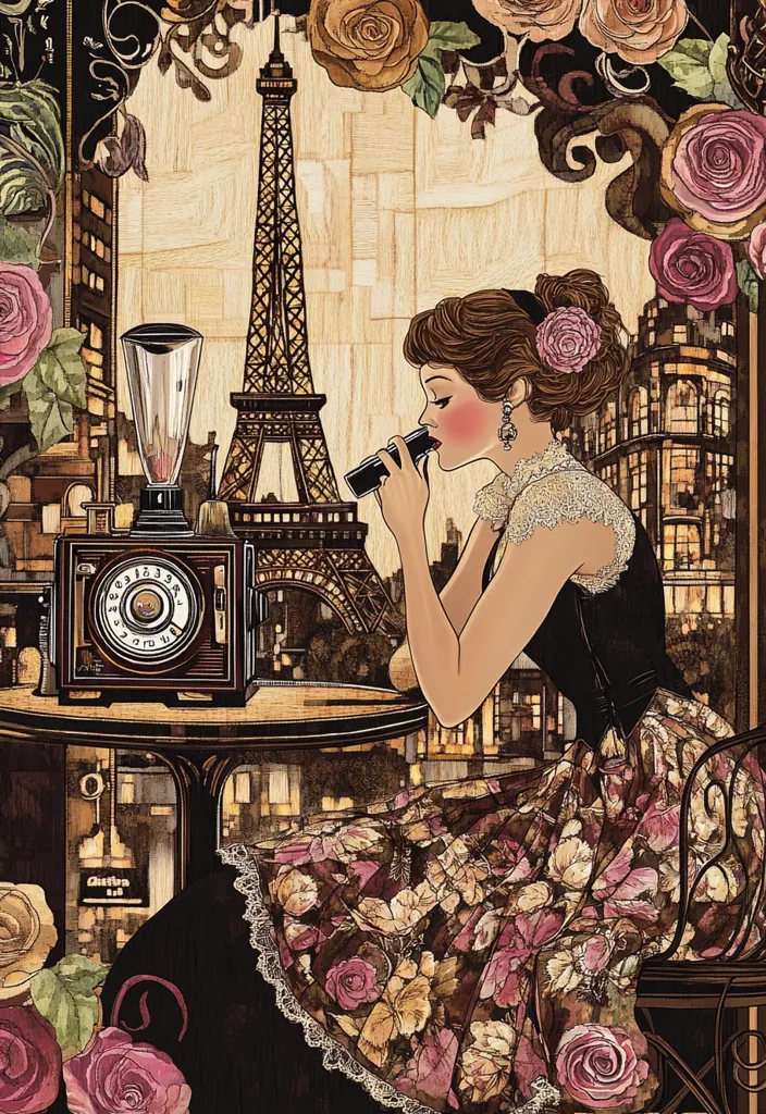A stylish woman, seated at a Parisian cafe, enjoys a moment of quiet contemplation.  The Eiffel Tower is visible through the window, a backdrop to her floral dress and vintage camera.  A blender sits on the table, adding to the scene's nostalgic charm. Roses and ornate details frame the image, creating a romantic and artistic atmosphere.  The overall style is reminiscent of vintage illustrations.