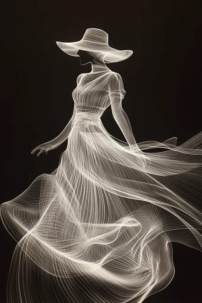 An ethereal figure of a woman in a flowing gown and wide-brimmed hat is depicted in a minimalist style.  The image uses white lines on a black background to create a sense of movement and grace.  The dress’s fabric appears weightless, swirling around the woman’s form, suggesting fluidity and elegance. The overall effect is one of subtle sophistication and artistic expression.