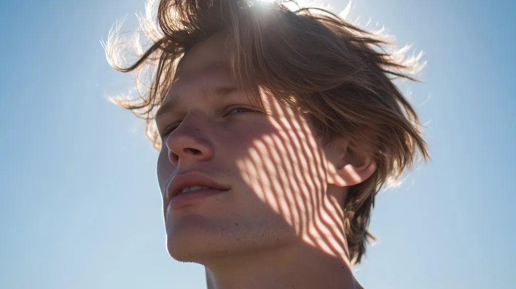 Close-up of a young man's face, his light brown hair tousled by the wind.  Sunlight casts striped shadows across his cheek, highlighting his features. He looks upward, his expression peaceful and serene against a bright blue sky. The overall image evokes a feeling of freedom and summer.