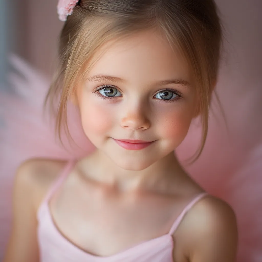 Close-up portrait of a young girl with blonde hair styled up, adorned with a small flower clip. She's wearing a light pink camisole, and her large, expressive grey eyes are captivating.  Her soft smile and delicate features create a sweet and innocent expression. The background is a blurred, rosy pink, enhancing the focus on the child's face.
