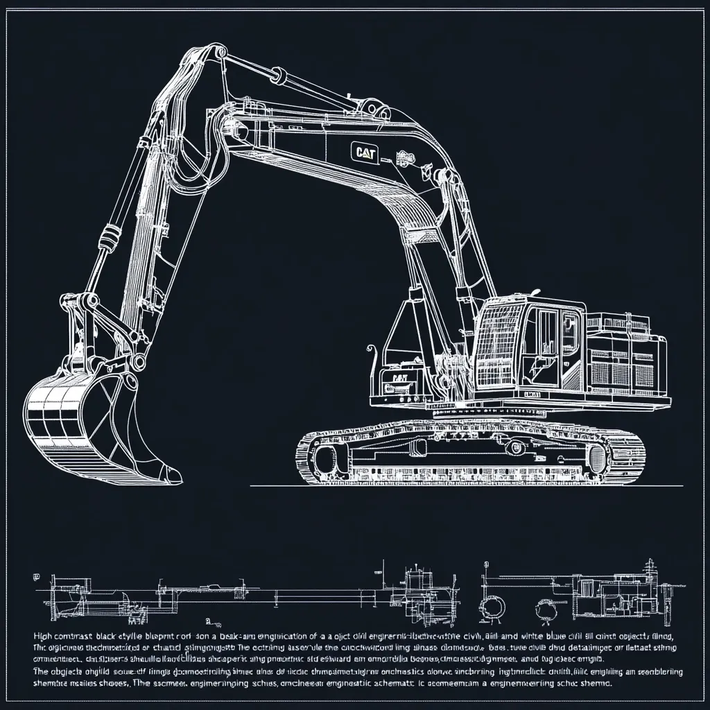 A detailed blueprint of a Caterpillar excavator is presented against a dark background.  The high-contrast white lines showcase the machine's intricate internal mechanisms and components. Smaller diagrams at the bottom provide close-ups of specific parts. The overall style is reminiscent of technical engineering drawings.