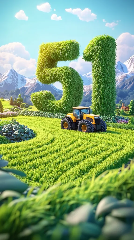 A vibrant digital artwork depicts the number 51 formed from lush green grass, set against a backdrop of snow-capped mountains and a sunny sky.  A yellow tractor sits centrally in a field of freshly-planted crops, suggesting agricultural prosperity and the passage of time, possibly a 51st anniversary celebration. The scene is idyllic and evokes feelings of growth and harvest.