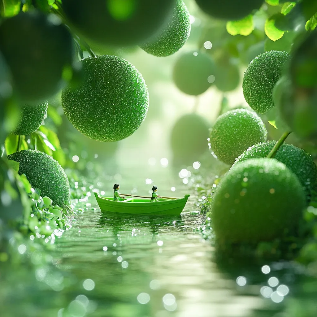 A miniature green boat carrying two tiny figures glides down a tranquil stream.  Overhanging branches laden with large, dew-kissed green orbs create a surreal, verdant tunnel.  Sunlight filters through the foliage, illuminating the scene with a magical, ethereal glow.  The overall impression is one of peaceful serenity and fantastical beauty.