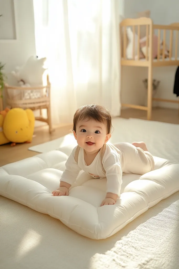 An adorable baby, dressed in a white outfit, is crawling on a plush white play mat.  The baby is smiling and looking directly at the camera. The setting is a bright, sunlit room with a crib and other baby items softly visible in the background. The overall scene is peaceful and heartwarming.