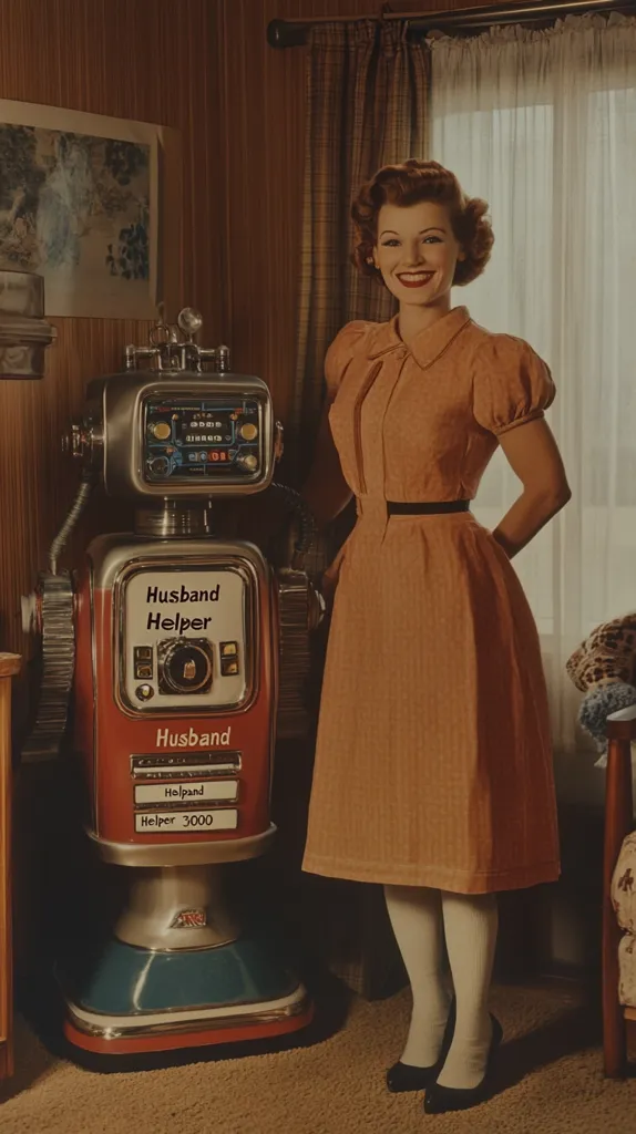A 1950s housewife stands proudly beside a retro-futuristic robot labeled "Husband Helper 3000."  The robot, resembling a vintage gas pump, is a whimsical representation of automated household assistance. The woman is dressed in a stylish, peach-colored dress, and her confident pose suggests an optimistic view of technological advancement in the home. The scene is set in a cozy, period-appropriate living room.