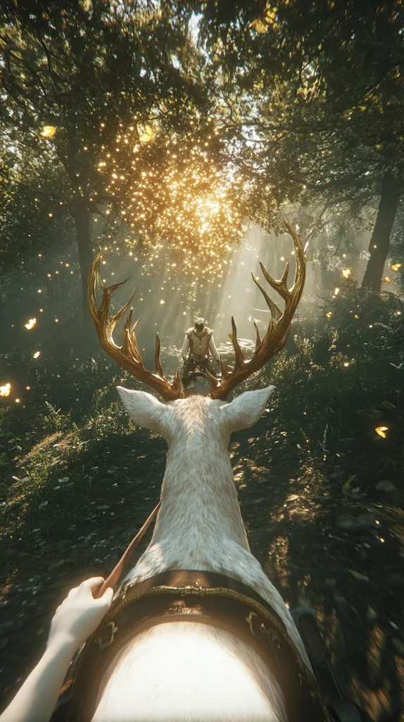 A first-person perspective shows a hand holding reins attached to a majestic white deer with large, golden antlers.  The deer carries a cloaked figure through a sun-dappled forest, magical golden particles shimmering in the air. The scene evokes a fantasy setting, filled with enchanting light and atmosphere.