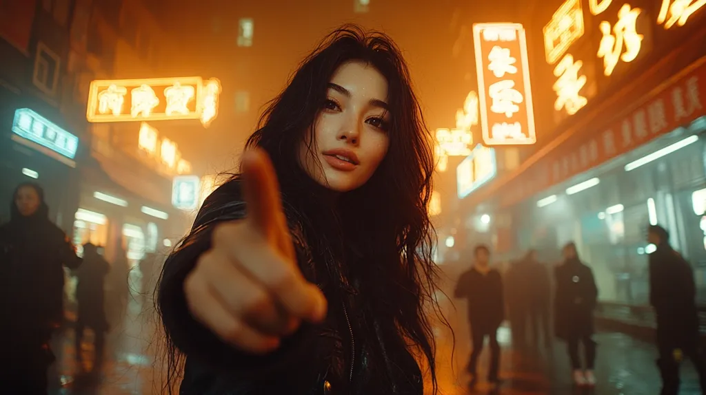 A young woman with long dark hair stands in a bustling, neon-lit Asian street.  She's dressed in a dark leather jacket and points directly at the camera.  The background is blurred, showing a vibrant cityscape at night with glowing Chinese characters on shop signs.  The overall mood is stylish and mysterious.