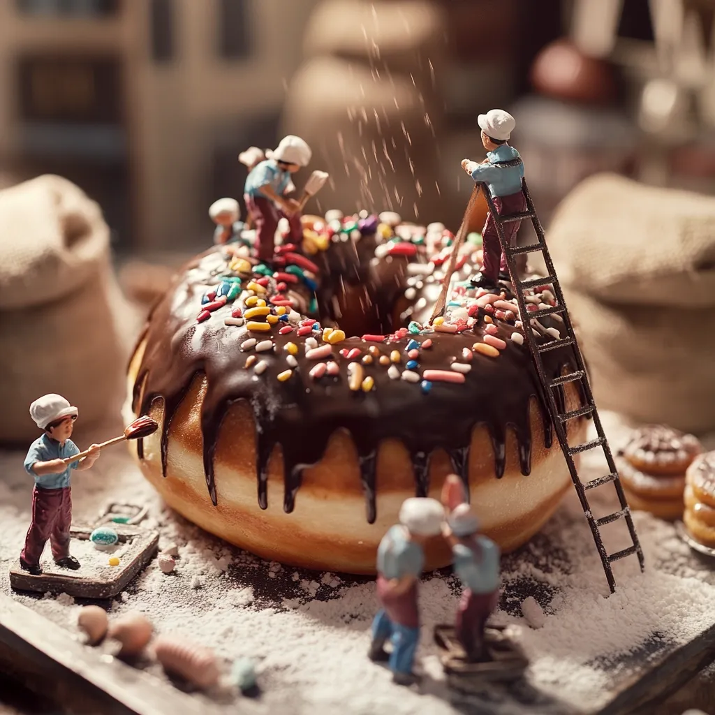 Miniature figures decorate a giant chocolate-glazed donut.  Workers with tiny shovels and ladders add sprinkles and powdered sugar to the enormous pastry.  The scene is set on a rustic surface, with burlap sacks and other smaller pastries in the background, creating a whimsical, almost surreal, image of confectionery creation.