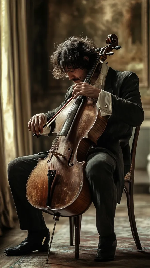 A man with dark, curly hair sits on a wooden chair, deeply engrossed in playing a cello.  His attire is formal, dark trousers and jacket. The cello is aged and worn, its rich brown varnish reflecting the ambient light.  The setting appears to be a dimly lit, elegant room, possibly a historic home, with visible curtains and a hint of artwork in the background.  The image evokes a sense of classical music and artistic expression.