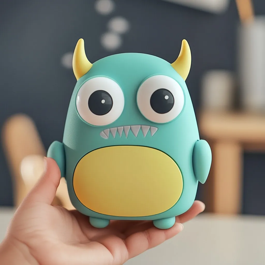 A teal-colored monster-shaped object with yellow horns and a large yellow belly is held gently in a person's hand.  Its large, expressive eyes and small, friendly teeth give it a cute appearance. The background is blurred, showing a dark wall and a wooden surface. The object appears to be made of a soft, pliable material.