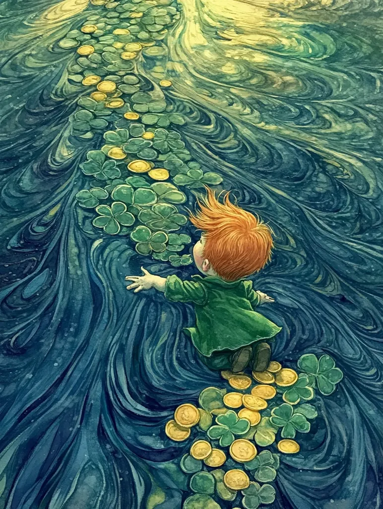 A whimsical illustration depicts a red-haired child, possibly a leprechaun, floating down a swirling river.  The riverbed is adorned with golden coins and four-leaf clovers. The child's outstretched arms suggest a joyful journey along this magical waterway, bathed in a soft, ethereal light. The artwork’s style blends fantasy and realism, creating a captivating scene of wonder and fortune.