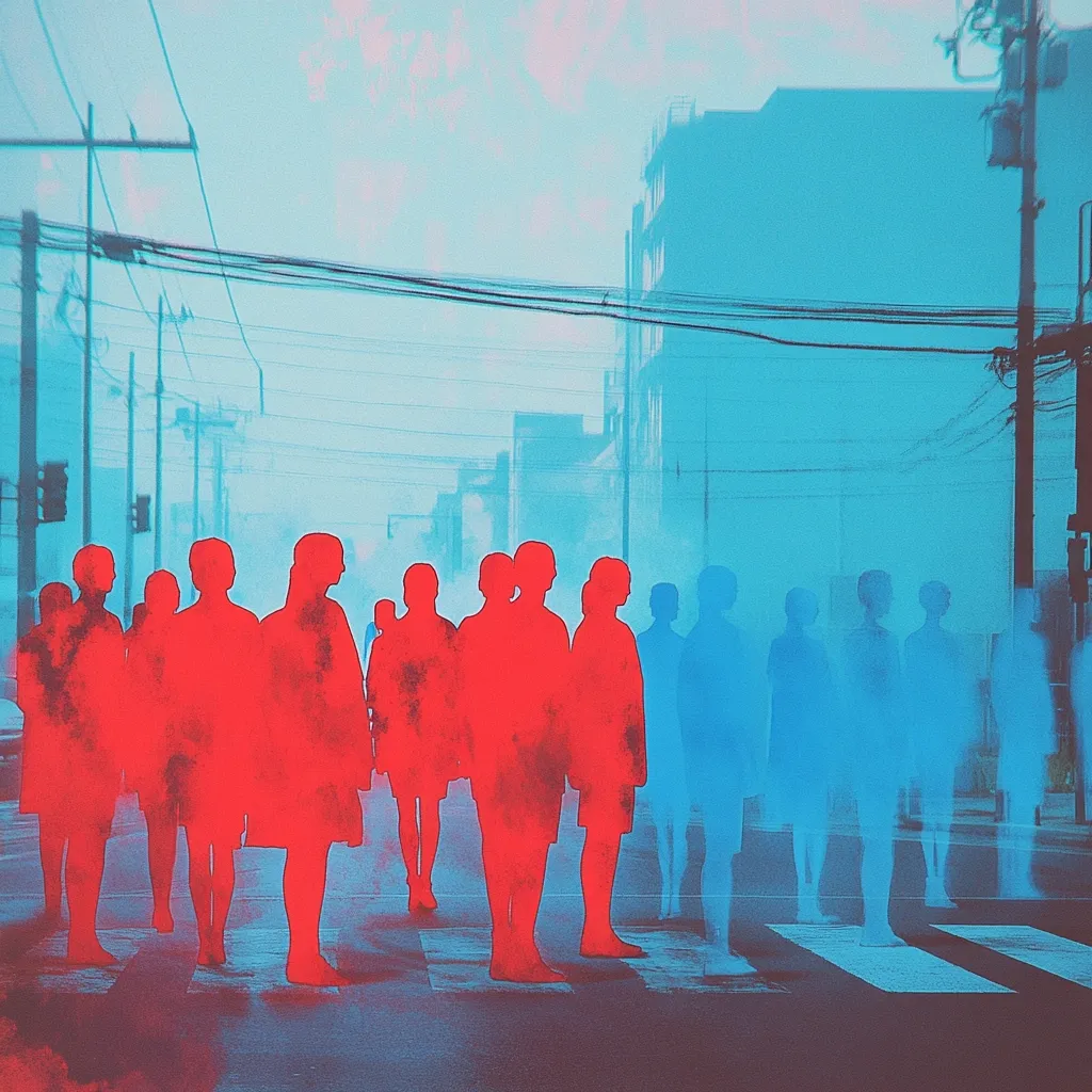 A stylized artwork depicts two groups of people crossing a city street. One group is rendered in vibrant red, the other in translucent blue. The city backdrop is rendered in cool blues and muted tones.  The overall mood is surreal and slightly melancholic, suggesting a division or contrast between the two groups.  The figures are somewhat indistinct, emphasizing their collective presence rather than individual identity.