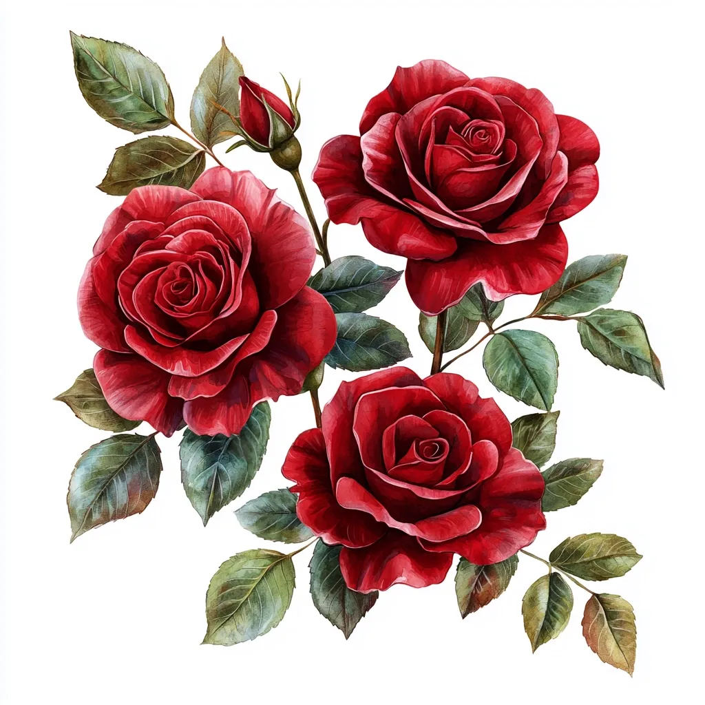 A watercolor painting showcases a cluster of three deep red roses, their velvety petals unfurling in elegant detail.  Lush green leaves surround the blooms, creating a vibrant contrast. A small, unopened rosebud adds a touch of anticipation. The roses are meticulously rendered, capturing the texture and luminosity of the flowers, all against a stark white background.