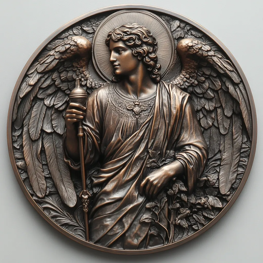 A bronze circular relief depicts an angel with large wings. The angel, possessing a serene expression, holds a staff topped with an urn in one hand and a sprig of flowers in the other.  Intricate detailing adorns the angel's robes and the surrounding foliage. The halo behind the angel's head adds to the religious symbolism.  The piece is highly detailed and shows skilled craftsmanship.