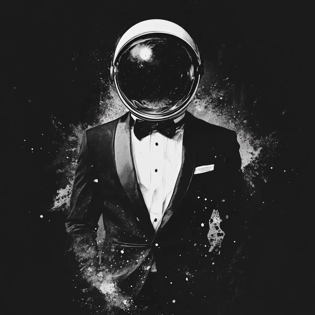A monochrome illustration depicts a figure in a tuxedo, their head replaced by an astronaut's helmet reflecting a starry expanse. The image is stylized with a splash of paint effect, creating a cosmic, elegant, and mysterious atmosphere. The contrast between formal attire and space exploration evokes a sense of intrigue and the unknown. The dark background enhances the overall dramatic effect.