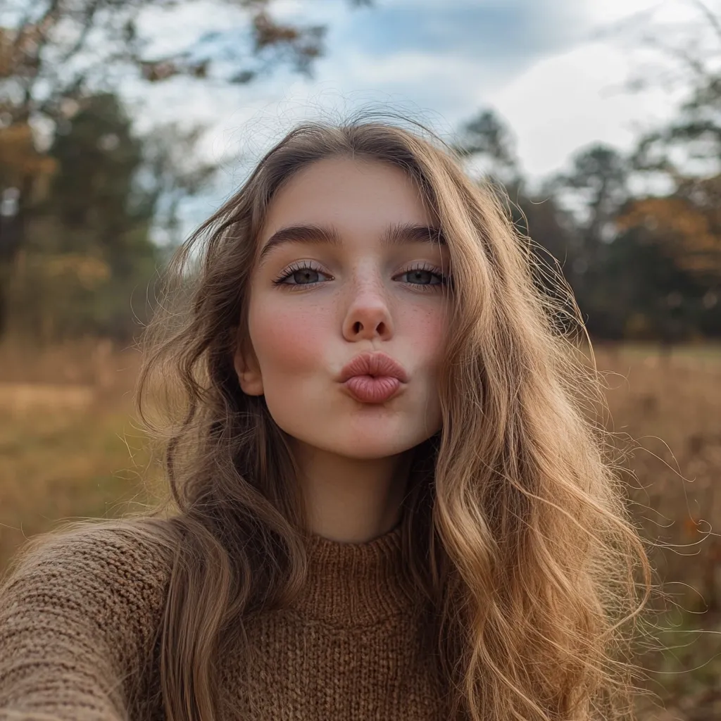 A young woman with long, wavy light brown hair puckers her lips for a kiss.  She's wearing a brown knit sweater and is outdoors in a field with trees in the background.  The autumnal setting suggests a cool, crisp day.  Her freckles and soft makeup enhance her natural beauty.  The overall mood is sweet and charming.