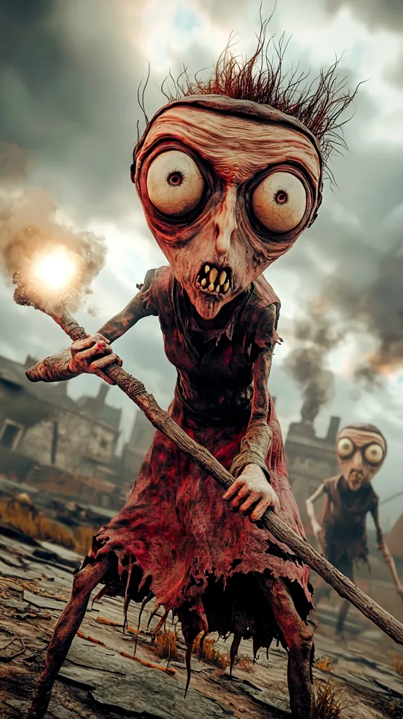 A grotesque, emaciated creature with oversized eyes and a tattered red dress brandishes a burning stick.  Its gaunt limbs and unsettling features suggest a nightmarish character.  Another similar creature is visible in the background, within a desolate, industrial landscape.  The overall atmosphere is dark and foreboding, hinting at a post-apocalyptic or fantasy setting.