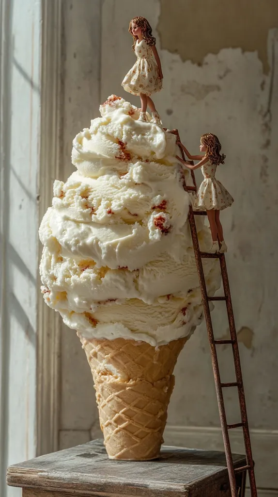 A giant ice cream cone, overflowing with creamy vanilla ice cream and red swirls, dominates the scene.  Two miniature porcelain dolls interact with it; one stands atop the mound of ice cream, while the other climbs a small, rustic ladder toward the top.  The setting is a softly lit room with a textured wall, creating a whimsical, contrasting juxtaposition of scale and texture.