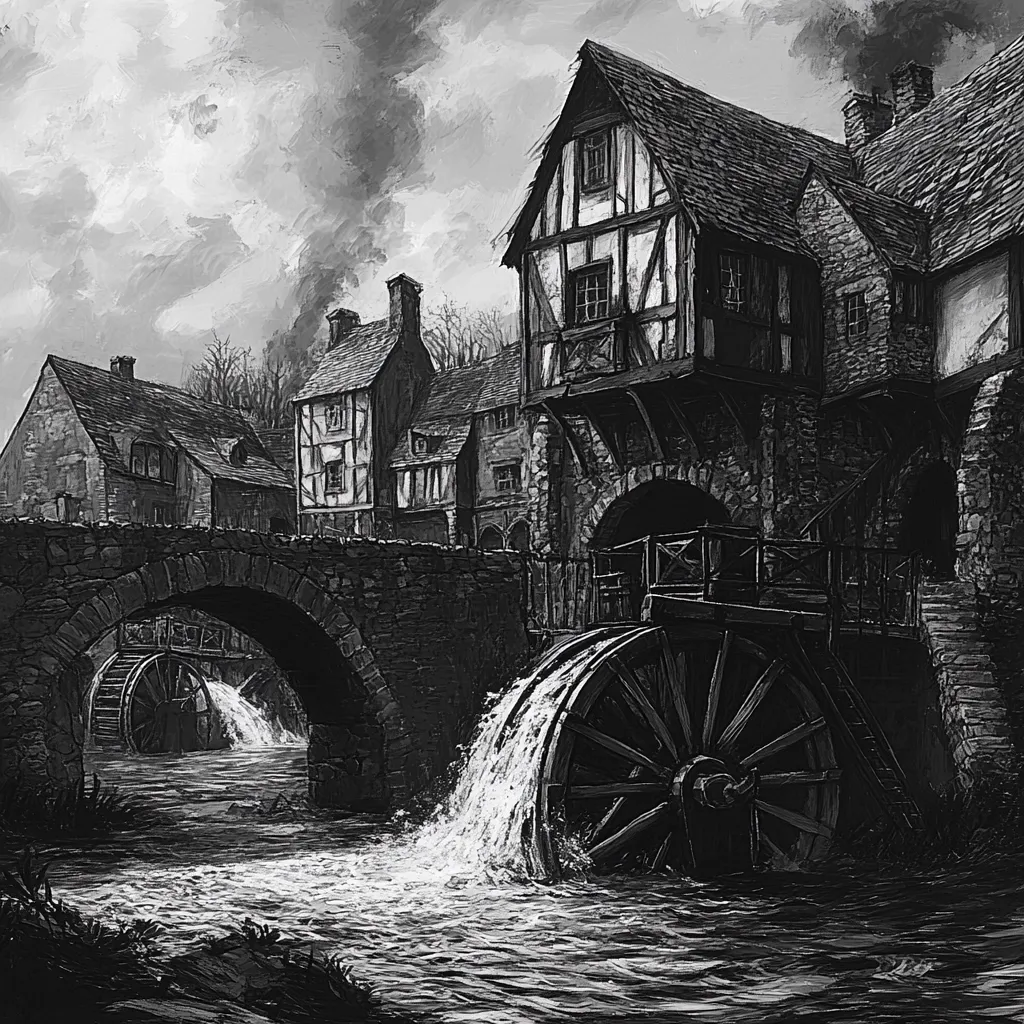 A monochrome illustration depicts a medieval village scene centered around a watermill.  A large wooden water wheel, powered by a cascading stream, sits beneath a stone bridge and beside a half-timbered building.  Other medieval-style houses line the riverbanks, creating a picturesque, yet somewhat somber, atmosphere under a cloudy sky.  The scene suggests a quaint but functional past.