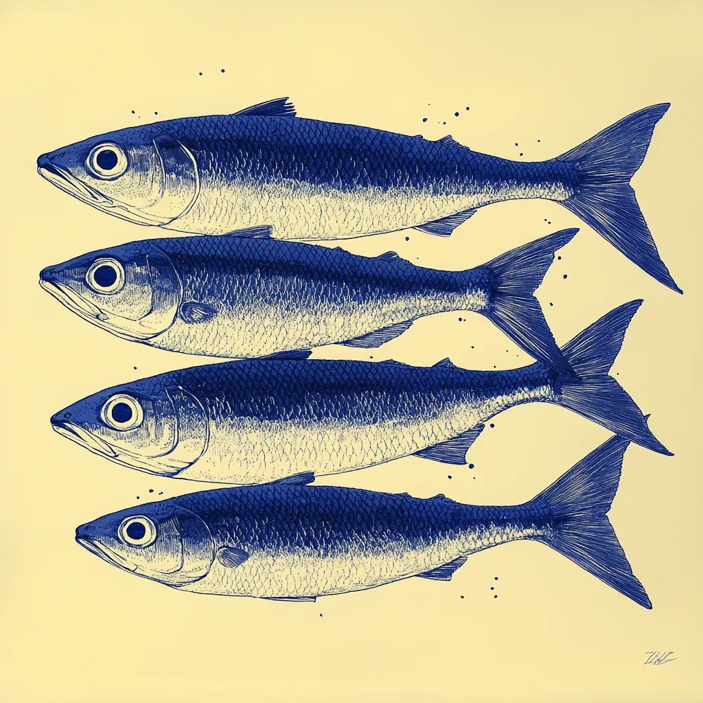 A stylized illustration depicts four blue herring swimming in a row against a pale yellow background.  The herring are rendered in a detailed, almost engraved style, showcasing their scales and fins with precision.  Their bodies are aligned horizontally, creating a visually appealing pattern. The overall aesthetic is clean and graphic.